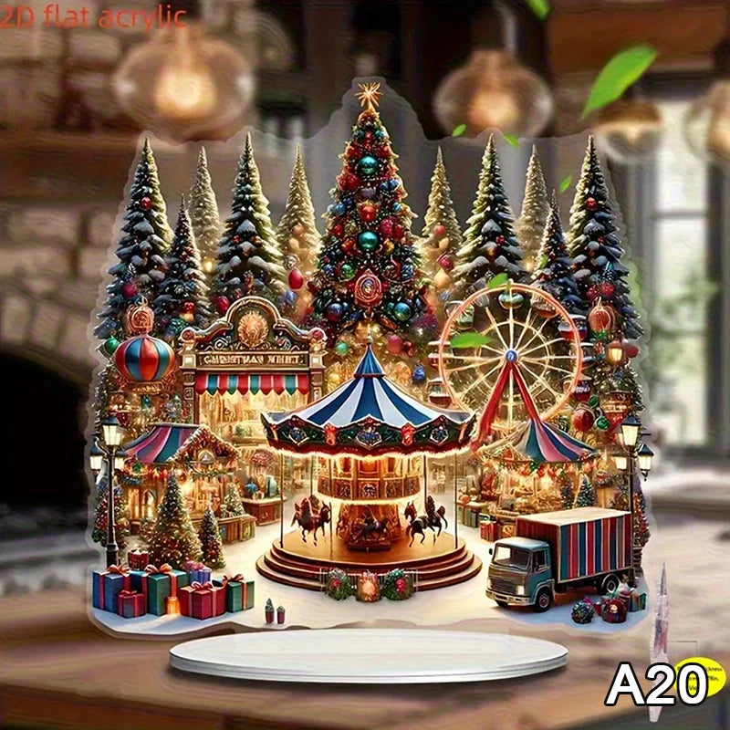 2D Flat Acrylic Christmas Desk Decor With Base Snowman House Rotating Carousel Design Indoor/Outdoor Home Office Decoration Vue A20