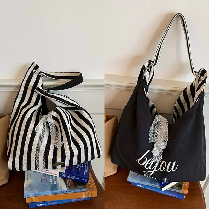 Stripe Hobo Bag Women Lace Bow Decor Canvas Tote Reversible Shoulder