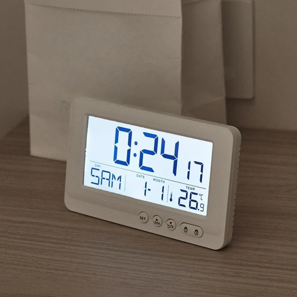 Time/Date/Week/Temperature Electronic Alarm Clock LCD Display Soft Lighting Digital Alarm Clock Plastic 12/24 Hours Vue