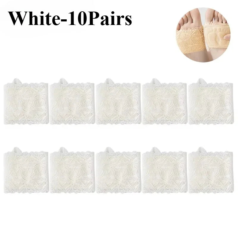 1-10Pairs Women Half Toe Socks Lace Trim No Show Anti Slip for High Heels Pumps Flats Breathable Thin Invisible Summer Vue White-10Pairs One Size