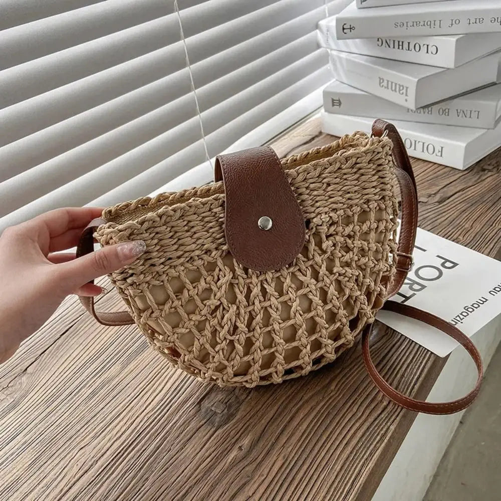 Women Summer Straw Bag Fashion Messenger Handbag Semicircle Crossbody