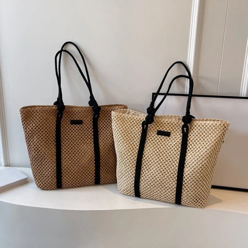 Summer Woven Straw Tote Bag Casual Beach Vacation Women Shoulder Bags