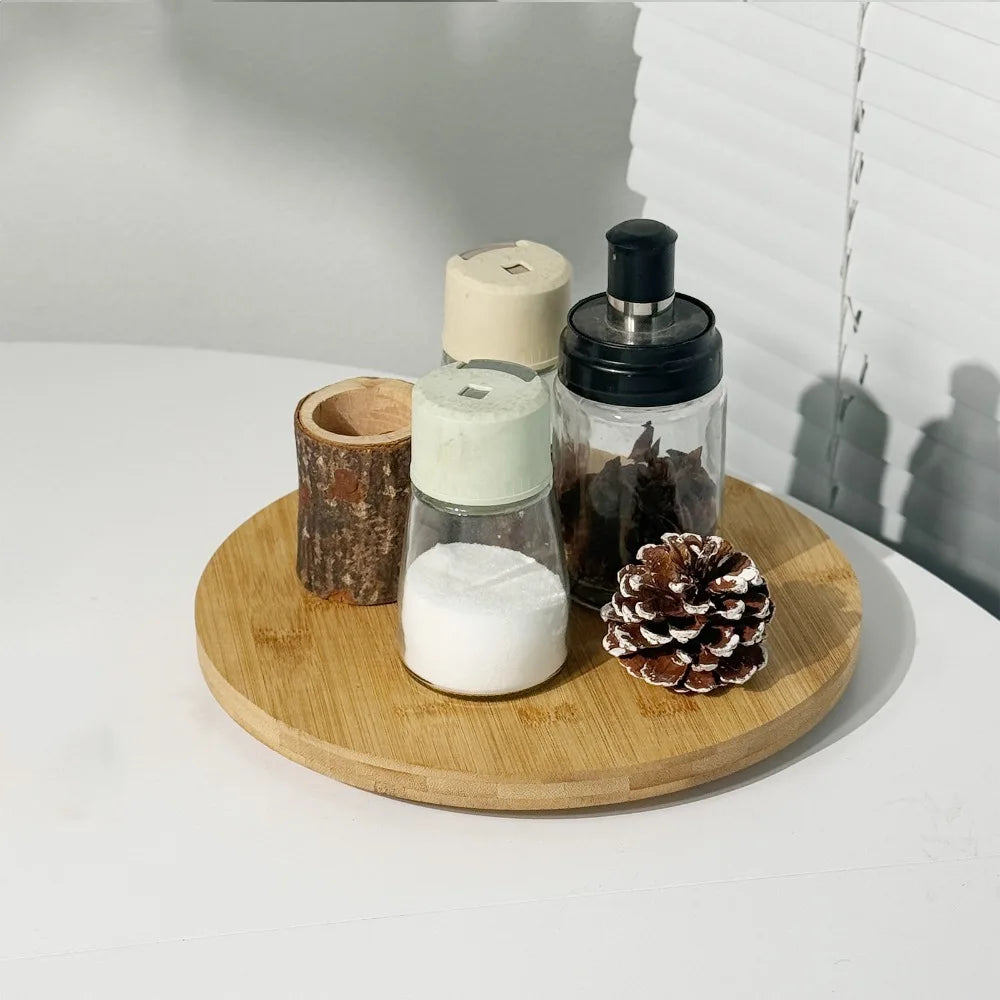 Round Wooden Kitchen Rotating Spice Rack with Metal Frame Non-Slip Base 360-degree Rotation Spice Tray Large Capacity Vue