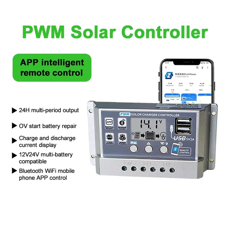 PWM Solar Charge Controller Bluetooth WiFi 12V 24V LCD 60A Solar Charge Controller Vue WIFI bluetooth 10A