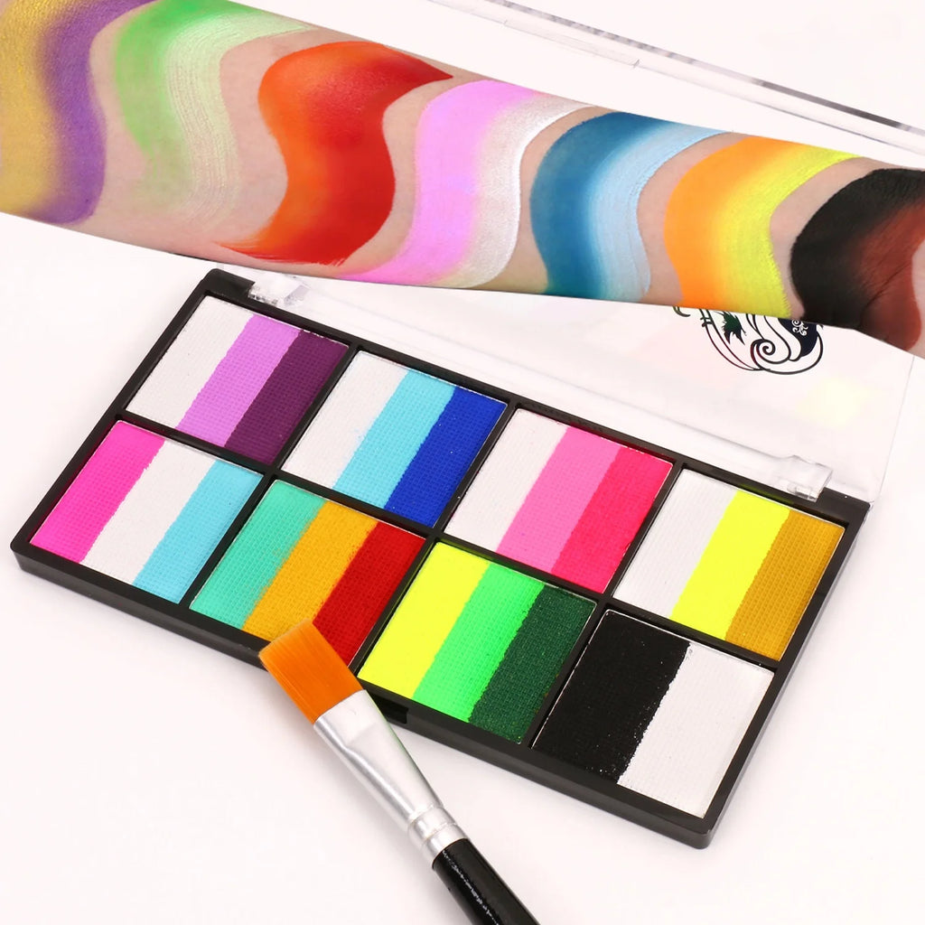 Palette Rainbow Stripe Paint Set with Brushes Water Based Dual-Tone Face and Body Paint Palette Christmas Halloween Cosplay Vue