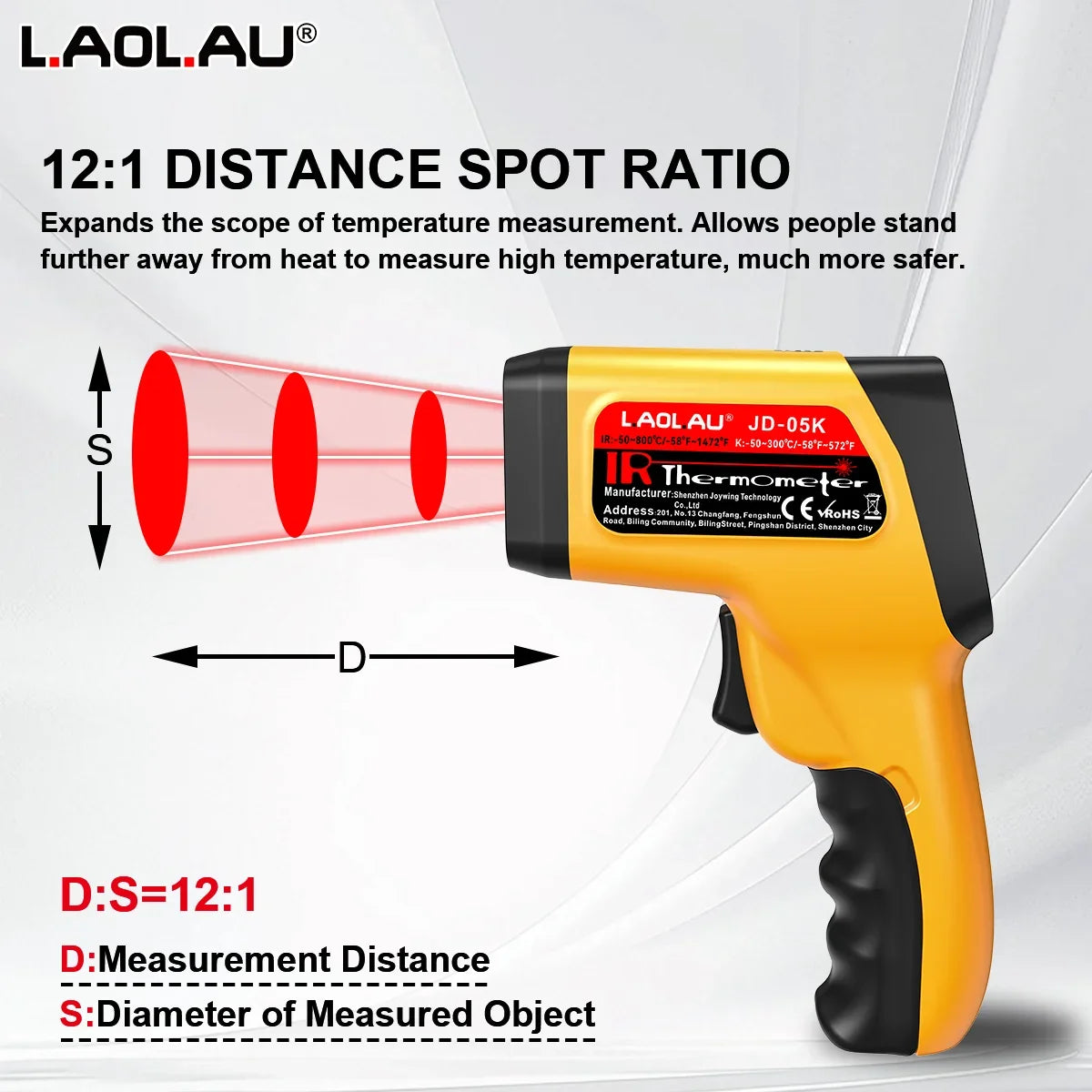 LAOLAU JD05 JD05K K-Type Infrared Thermometer -58°F~1472°F Handheld Non-contact Laser Temperature Gun RH% Adjustable Emissivity Vue