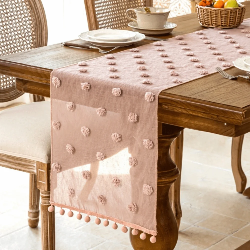 INS Style Nordic Style Lace Table Runner Gauze Rectangular Table Linen French-style with 3D Pom-poms Bookcase Cover Party Vue Pink 13.78x94.49 in