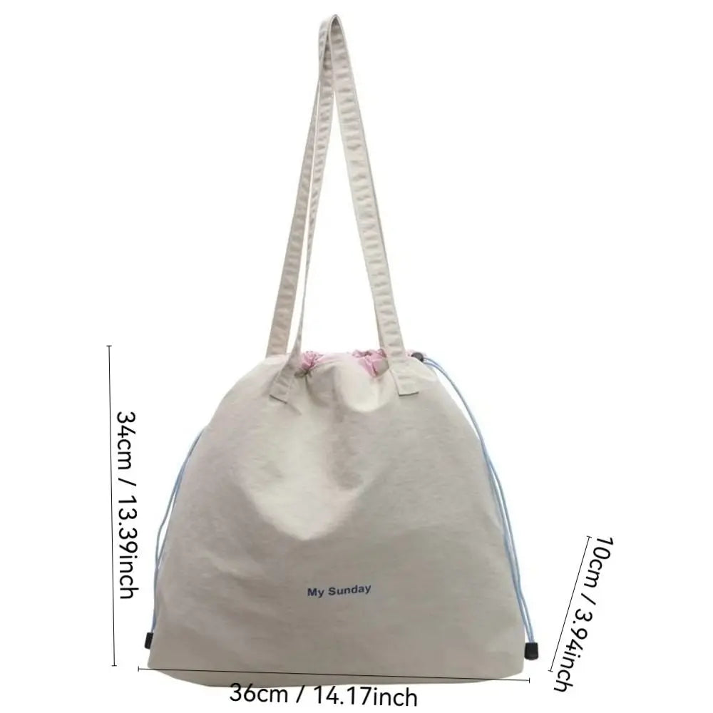 Large Capacity Tote Bag Canvas Lightweight Shoulder Drawstring Women