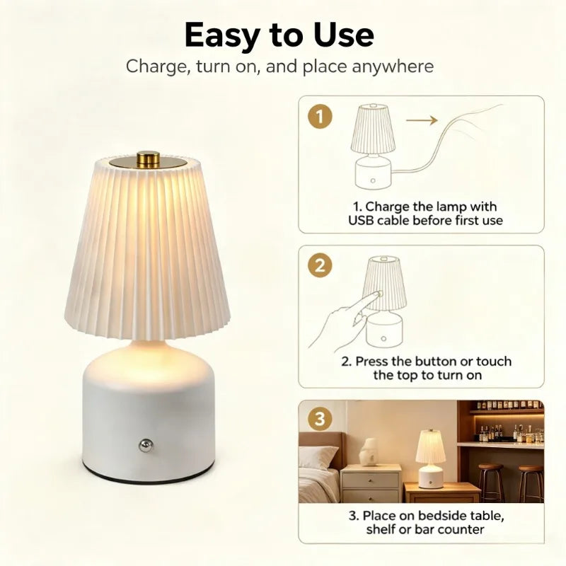 Cordless LED Fabric Table Lamp, Rechargeable Pleated Shade Nightstand Light for Hotel Bar Home Decor Vue