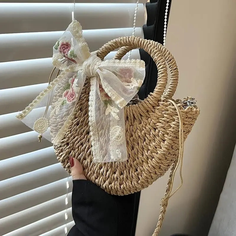 Straw Bag Women Hand-woven Handbag Moon Shape Lace Bow Rattan Big Vue khaki AddScarf 19x8.5x23cm