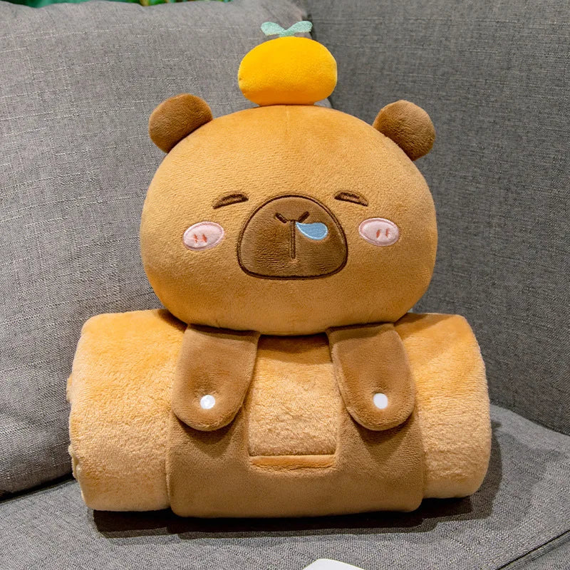 2 in 1 Capybara Panda Pillow Blanket Plush Roll,Kawaii Stuffed Pillow Warm Lap Throw for Office Nap Soft Gift for Girls Kids Vue Brown Capybara-1 80x100cm