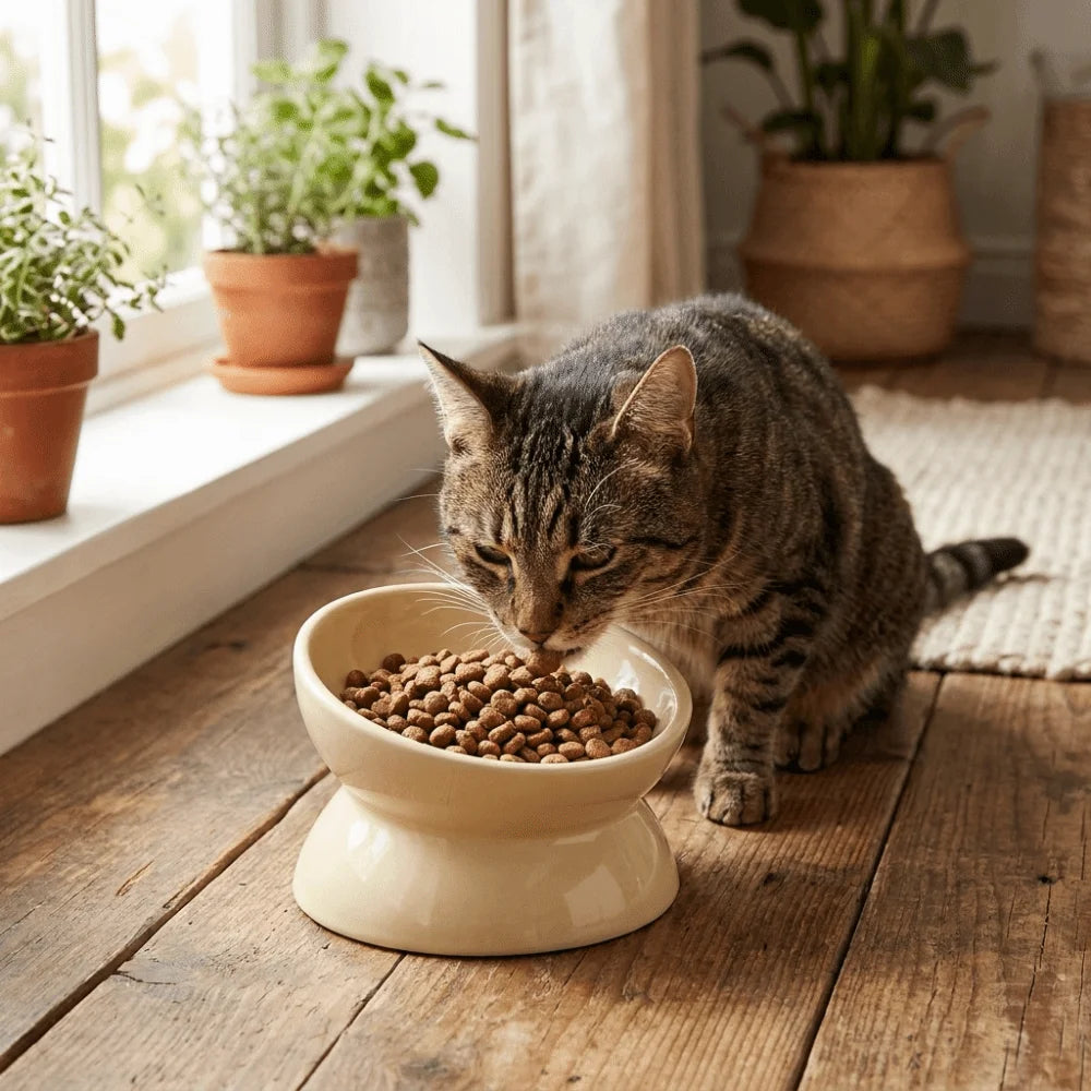 Large Diameter Ceramic Elevated Cat Bowl Anti Overturning Flat Bottomed Cat Food Water Bowl Non-slip Tilted Angle Pet Food Dish Vue