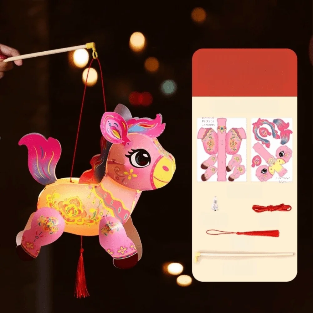 PVC Handheld Lantern Cartoon Chinese Style Blessing Lantern Traditional Pony Zodiac Horse Lantern Festival Party Vue Pink 4inch