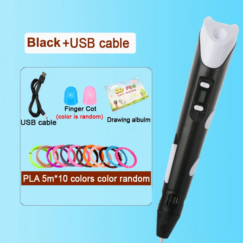 3D Pen Drawing Printing Pen With LCD Screen Compatible PLA Filament Toys Safe Paiting for Children DIY Christmas Birthday Gift Vue Black-50M PLA