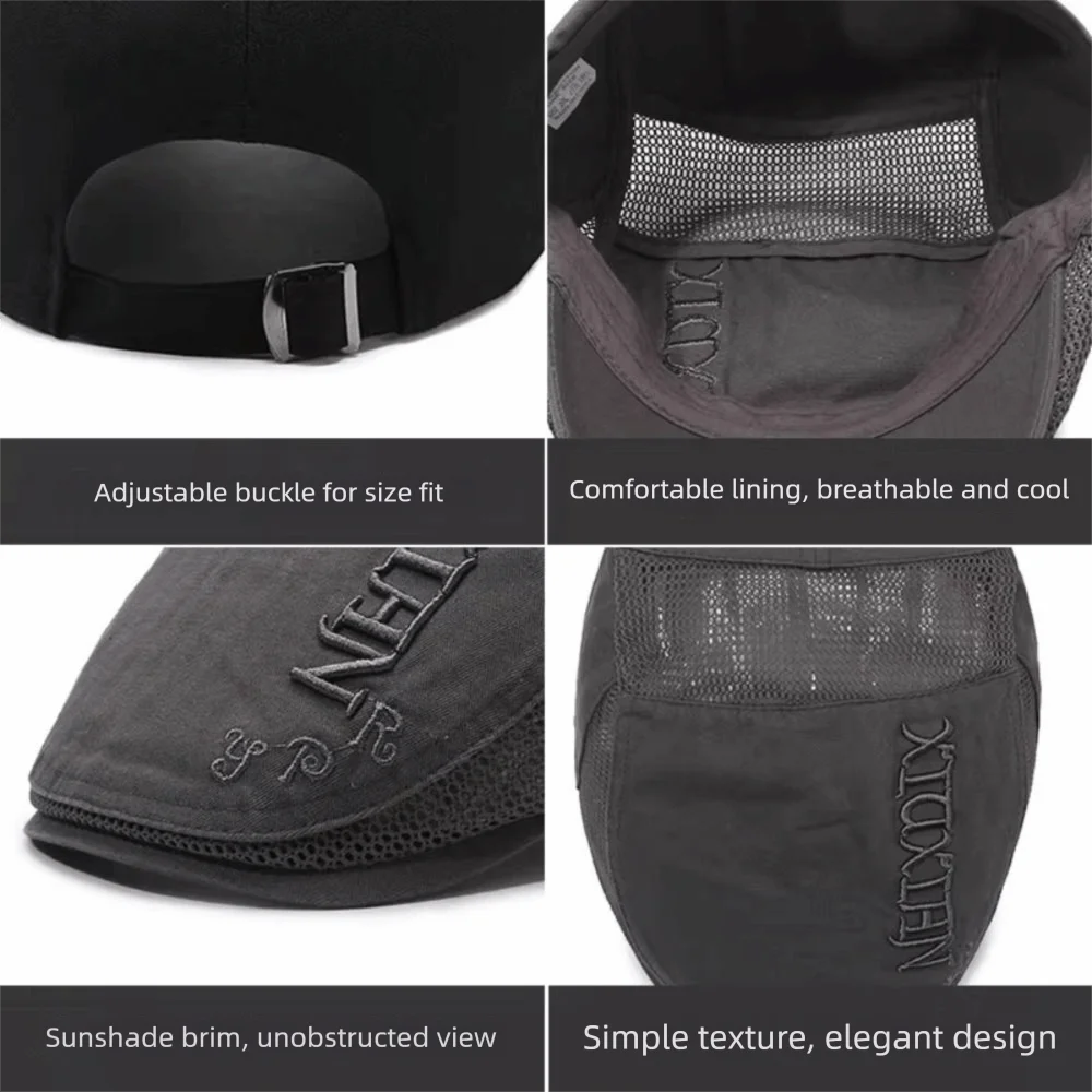 Letter Embroidered Mesh Back Flat Cap Adjustable Sun Protection