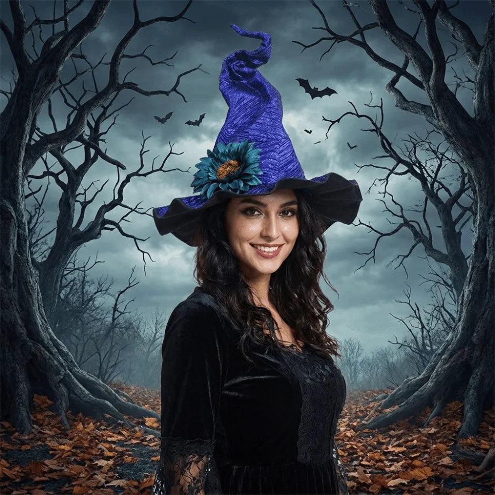 Floral Halloween Witch Hat Adjustable Twisted Wizard Cap Tall Pointed Cone Top Gothic Pointed Mage Hat Halloween Party Vue