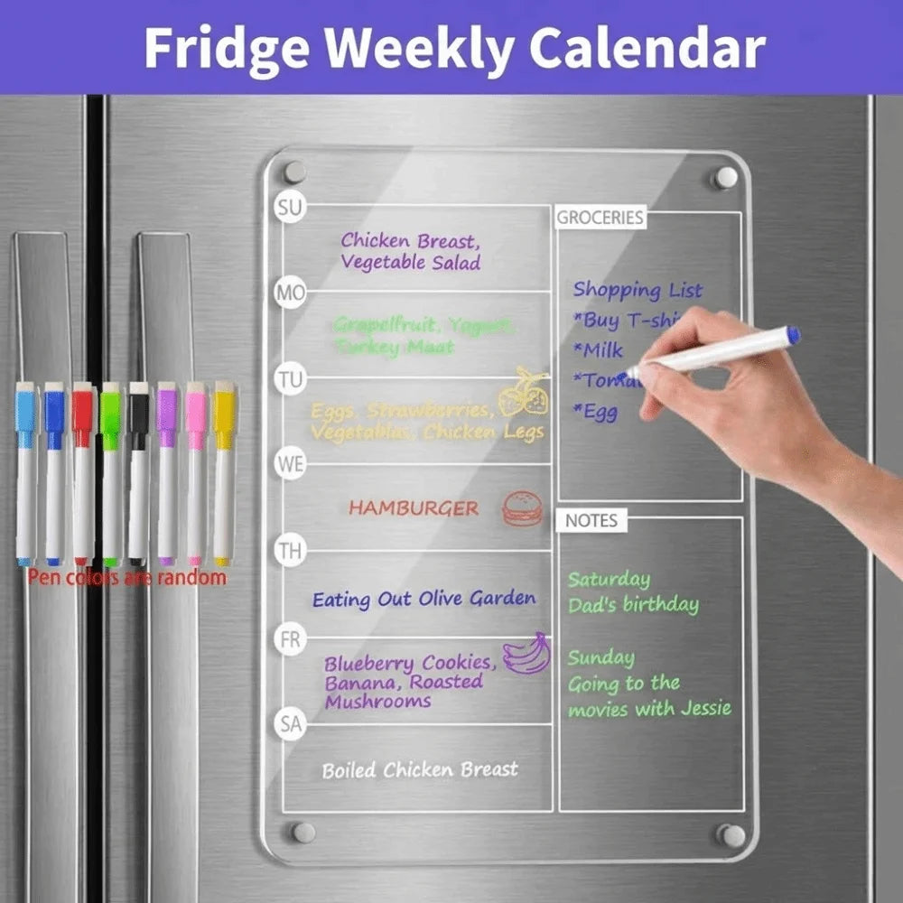 Reusable Fridge Weekly Calendar Multifunctional Transparent Magnetic Acrylic Weekly Planner Frameless with 8 Markers Vue