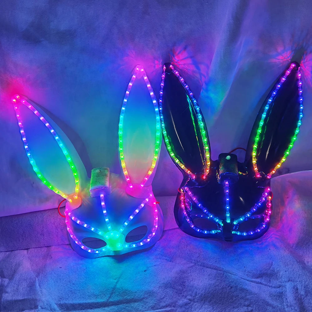 Halloween LED Light up Bunny Mask Mixed Colours Double Cross Eyes Cute Plush Bunny Party Spoof Mask Photo Props for Halloween Vue