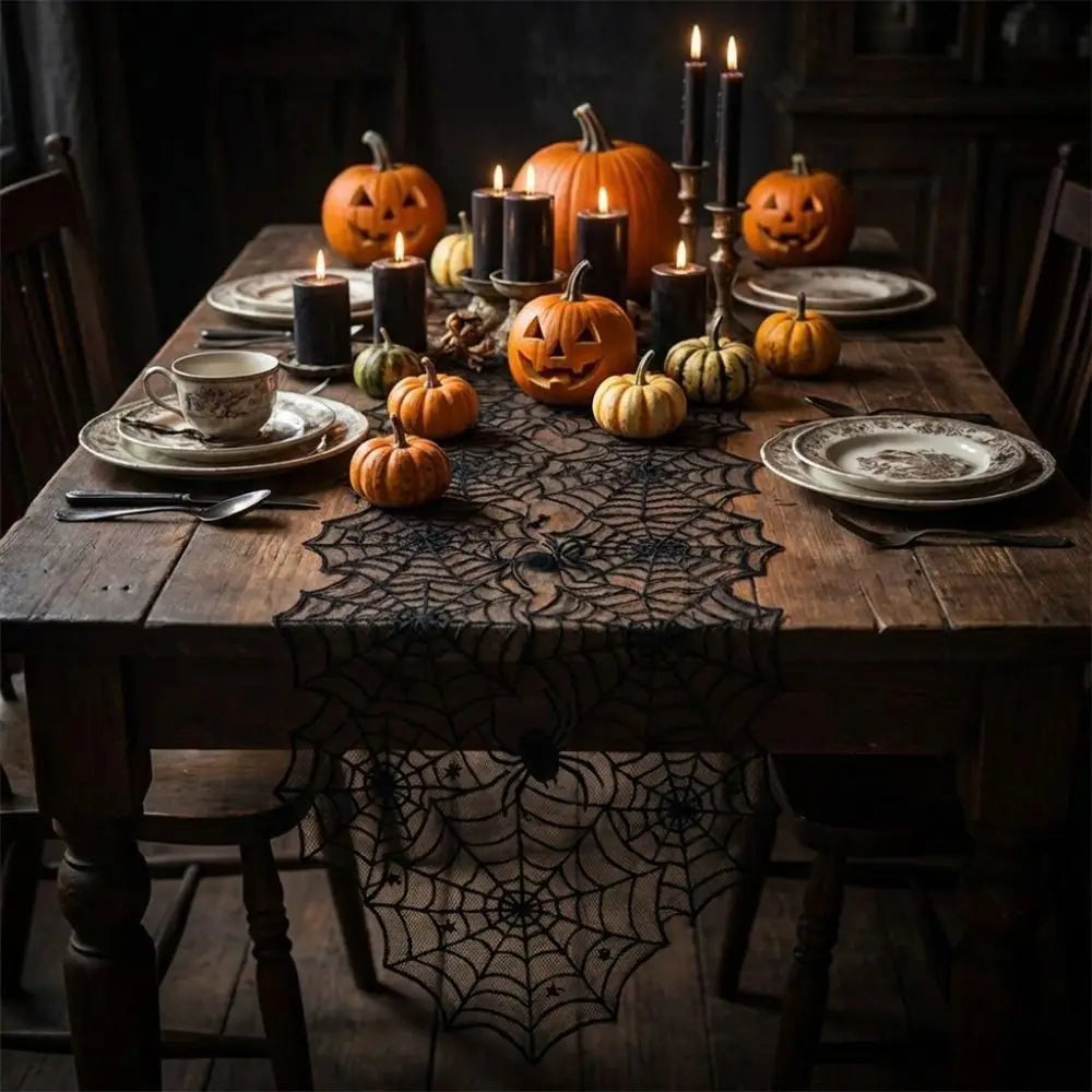 Translucent Spider Web Black Lace Table Runner with Spider Pendant Long Strip Halloween Table Cover Mesh Gothic Lace Tablecloth Vue