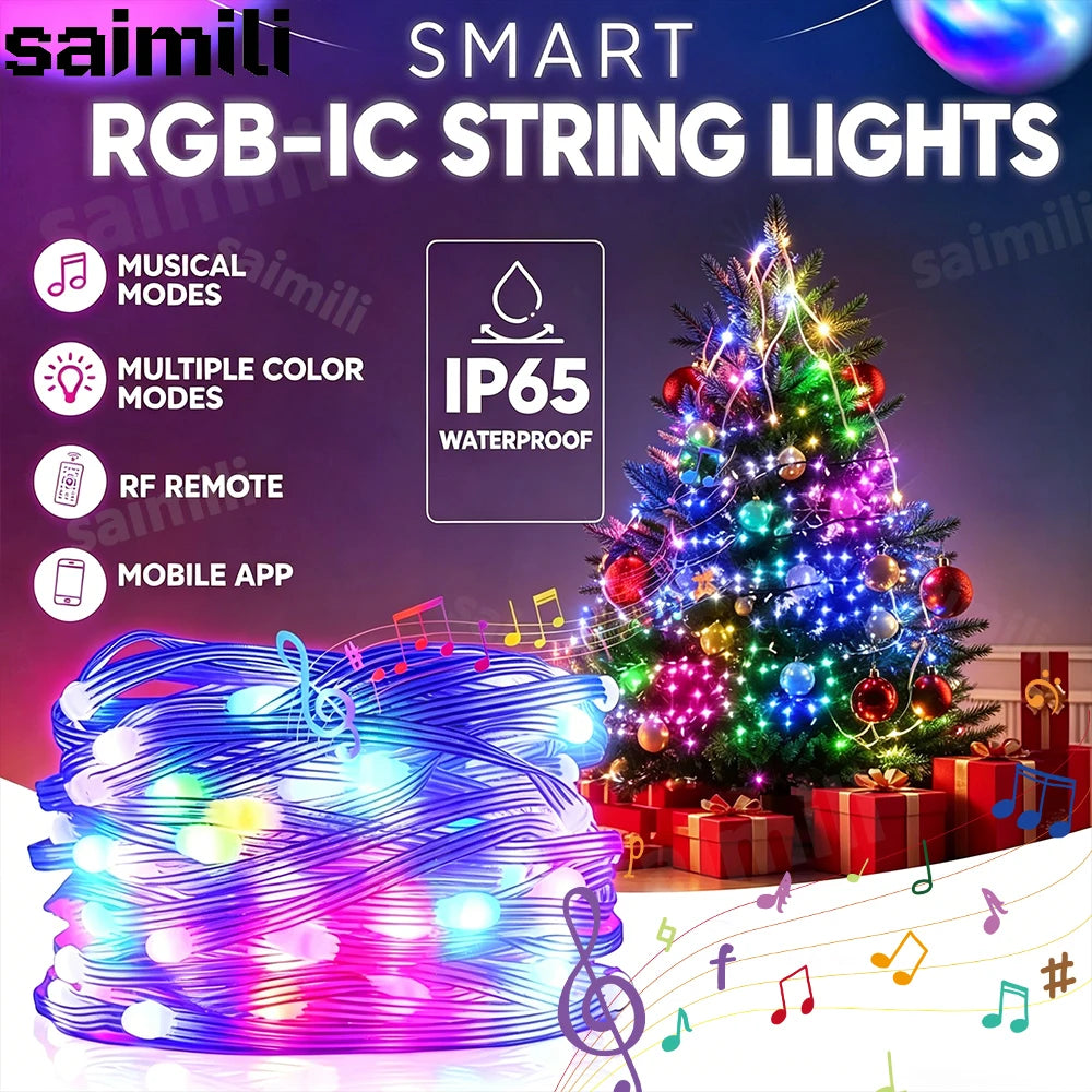 WS2812B LED String Light Smart Bluetooth Remote Control RGBIC Fairy Lamp USB Waterproof For Christmas Tree Lights Home Decor Vue