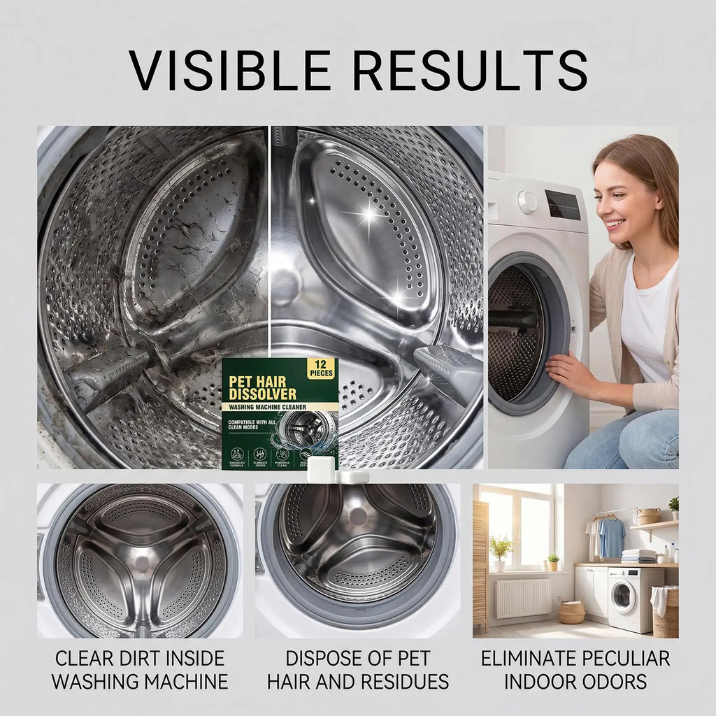 12 Pcs Pet Hair Dissolver Tablets, Washing Machine Cleaner Deep Cleaning, Powerful Laundry Appliance Descaling for Home Use Vue