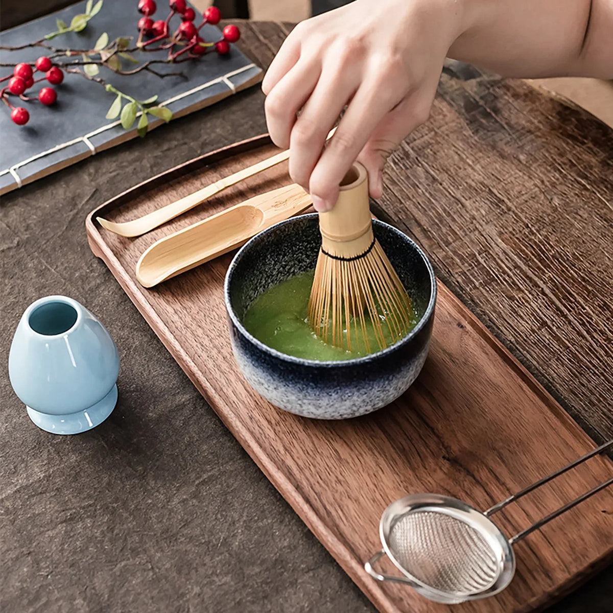 6Pcs/set Tea Whisk Brush Set Bamboo Matcha Whisk Scoop and Holder Matcha Bowl with Strainer Japanese Matcha Ceremony Accessory Vue
