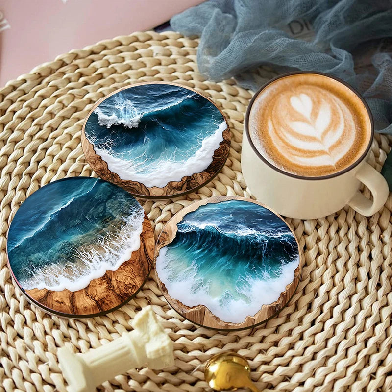 4PCS Blue Ocean Round Wooden Coasters & Placemats Set - Home, Cafe, Party Table Decor, Durable Drink Coasters For Stylish Dining Vue