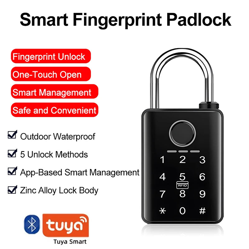 Waterproof Tuya Pasword Padlock Fingerprint Electronic Lock Keyless Unlock Heavy Duty Padlock for Home House Warehouse Garage Vue