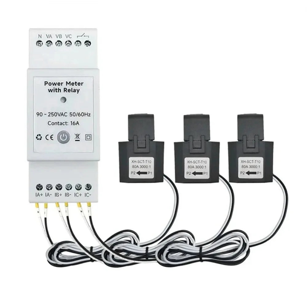Tuya Smart WiFi Bidirectional 3 Phase Energy Meter 3 Way with 80A Clamp Din Rail App Monitor Solar Power Electricity Statistic Vue