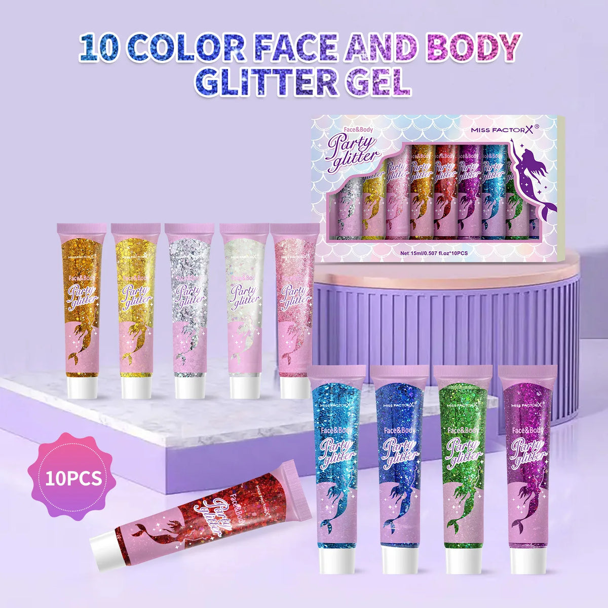 10 Color Suit Face and Body Glitter - Cosmetics Level Holographic Glitter Gel - Suitable for Holiday Carnival Animation Role P Vue