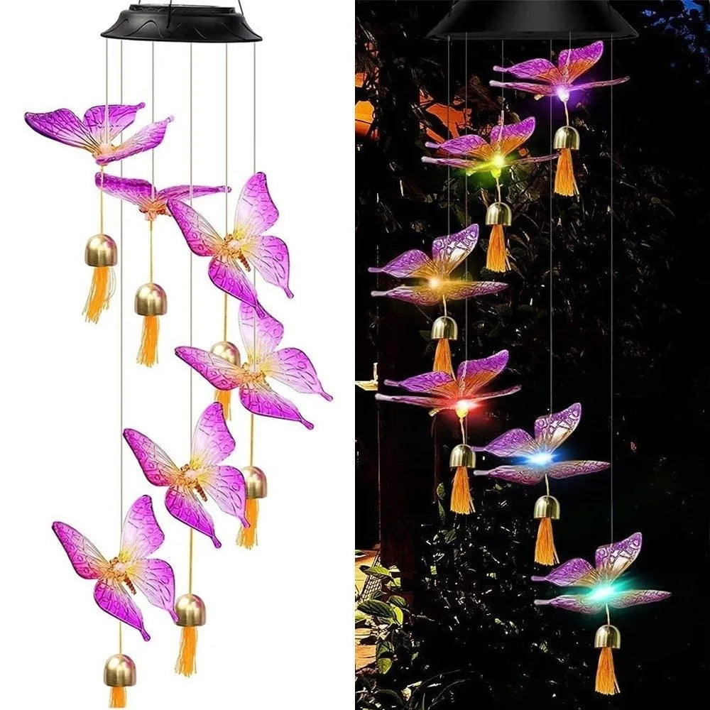 Cute Solar Wind Chime Hanging Weatherproof Hanging Solar Lights Auto on/Off Landscape Lamp LED Wind Chime Light Home Decoration Vue Butterfly 1 Bell