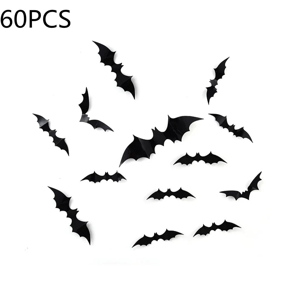 60PCS 3D PVC Halloween Bat Stickers 4 Sizes Scary Wall Decal Waterproof Window Clings for Party Indoor Decor Vue black