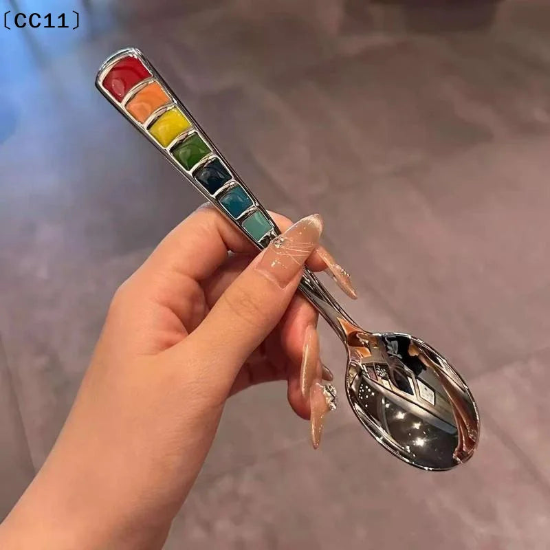 2Pcs Macaron-Colored Stainless Steel Dessert Spoons High-Aesthetic Colorful Enamel Spoons For Home Kids Picnics & Bento〔CC11〕 Vue Default Title