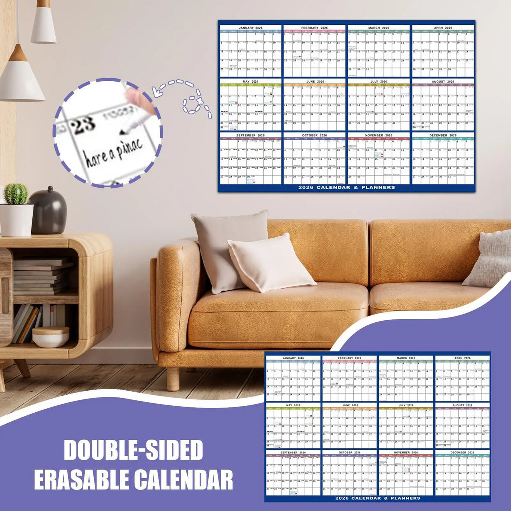 12 Month Large Wall Calendar 2026 Planner Calendar Erasable Agenda Academic Planner Foldable for Home Decor Office Family Vue