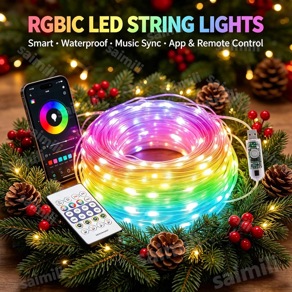 RGBIC WS2812B Smart LED Garland USB Bluetooth APP Control Music Sync Addressable Fairy Light Indoor Holiday Birthday Party Decor Vue