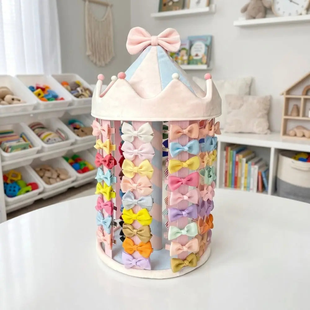 Cute Bow Design Hair Accessory Display Space Saving Carousal Shape Hair Clips Storage Stand Non-slip 8 Rows Hair Clips Organizer Vue