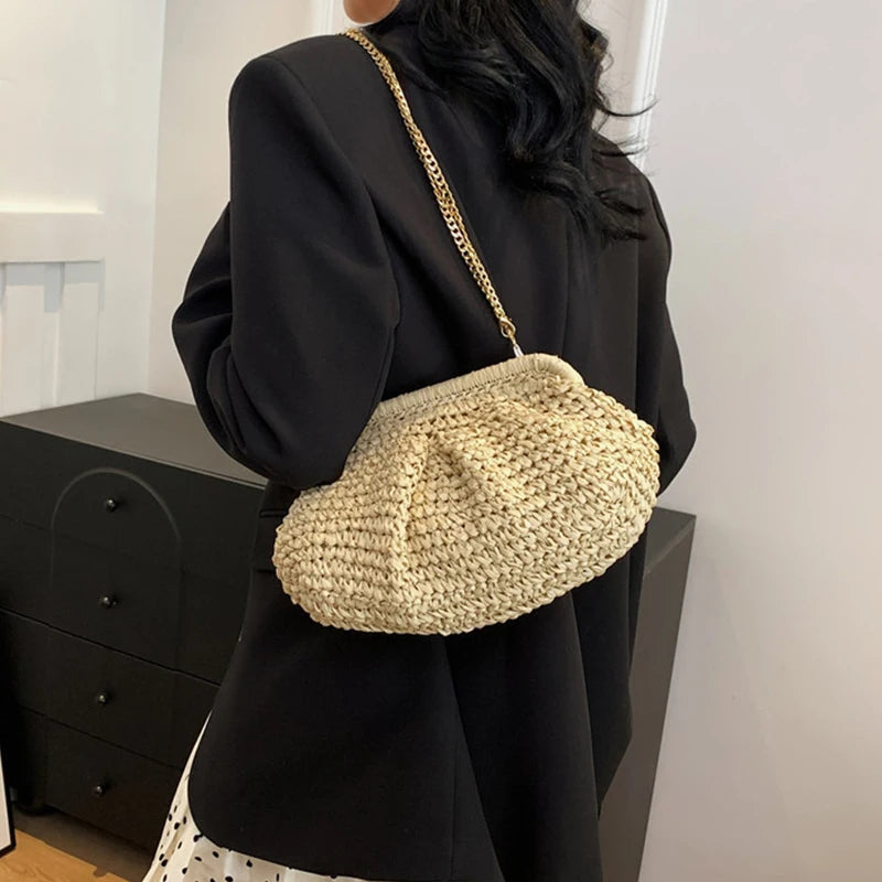 Straw Dumpling Clutch Bag Woven Tote Purse Women Summer Beach Wicker