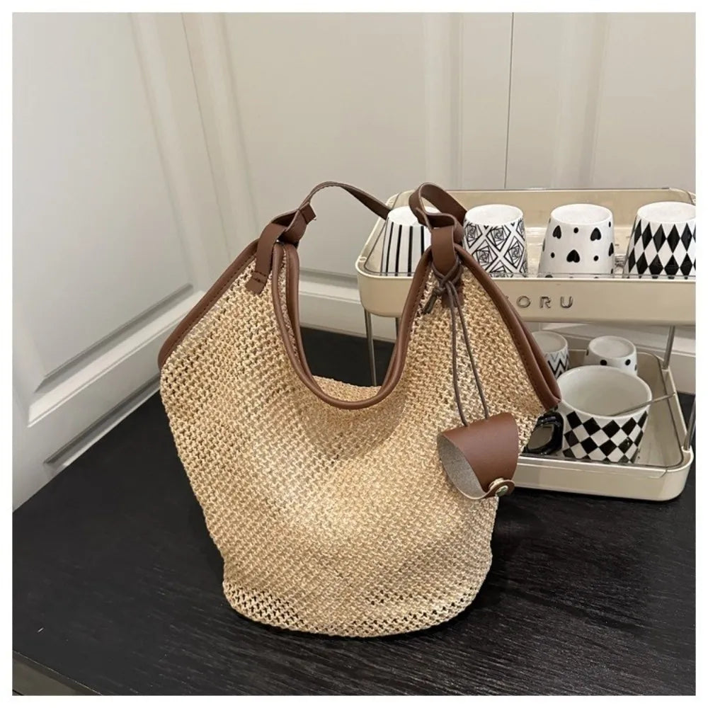 Summer Straw Woven Shoulder Bag Large Capacity Hollow Out Tote PU