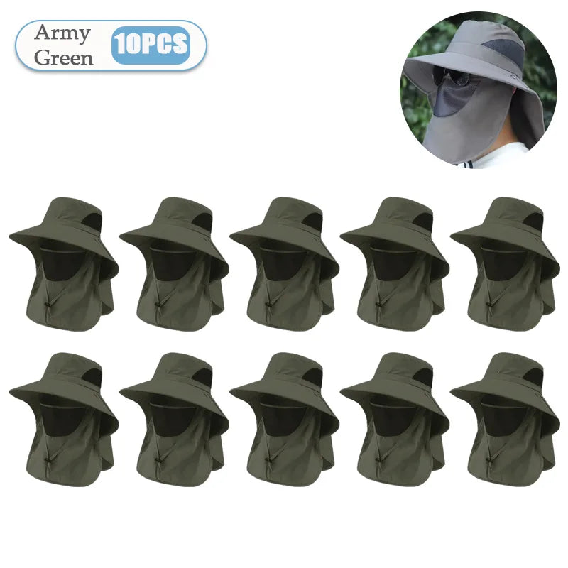 Men‘s Outdoor Fishing Sun Hat with Mosquito Net Face Veil Neck Flap Summer UV Protection Wide Brim Fisherman Cap Vue Army Green-10PCS