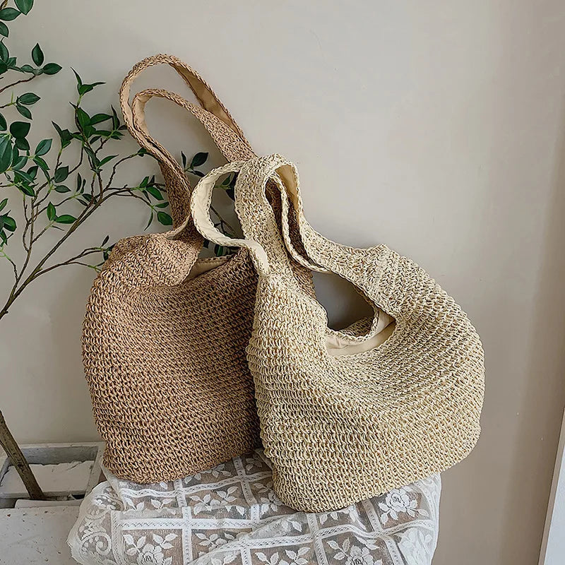Women Large Capacity Shoulder Bags Handmade Straw Woven Fashion