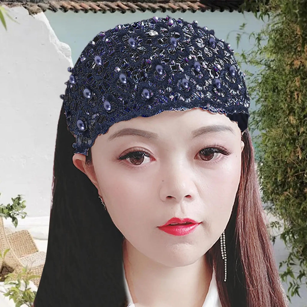 15x25CM Lace Headband Wide Floral Pearl Elastic Hair Scarf Sweat Wicking Hair Accessories for Women Yoga Gym Sports Running Vue
