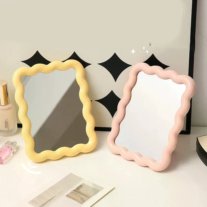 Corrugated Desktop Makeup Mirror Solid Color Simple Portable Handheld Makeup Mirror Foldable Student Compact Cute Mirror Vue
