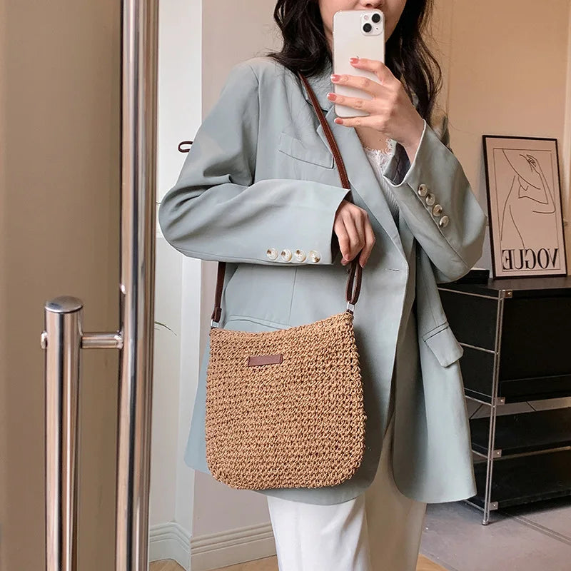 Summer Rattan Crossbody Bags Women Saddle Straw Woven Shoulder Bag