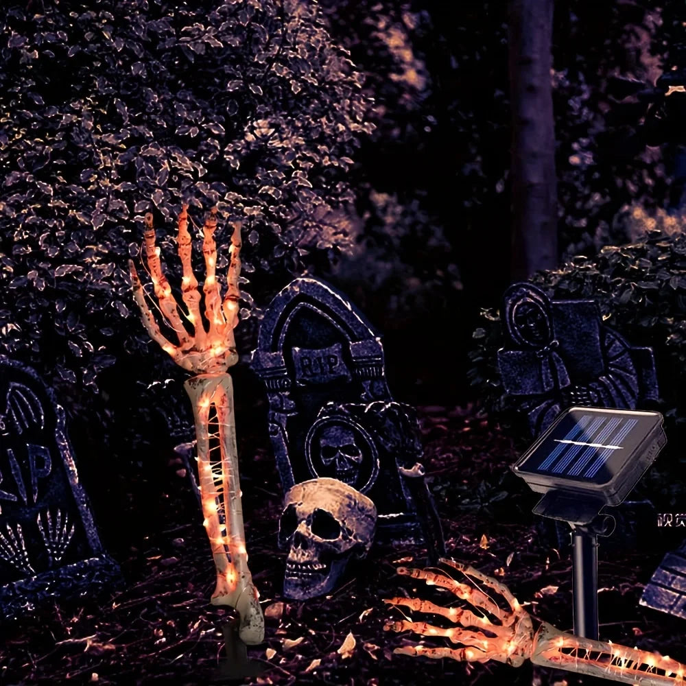 Halloween Outdoor Skeleton Arm Ground LED Lights, Solar Pathway Stake Lights for Yard Lawn Graveyard Haunted Holiday Decor Vue Warm White 1ps
