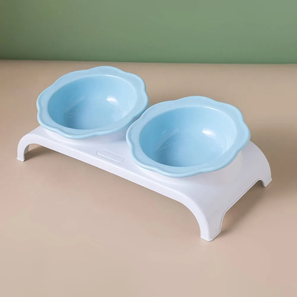 Non-Slip Ceramic Cat Double Bowls Flower Shaped Detachable Pet Food Feeder Protect Cervical Spine Anti-Flip Vue Blue