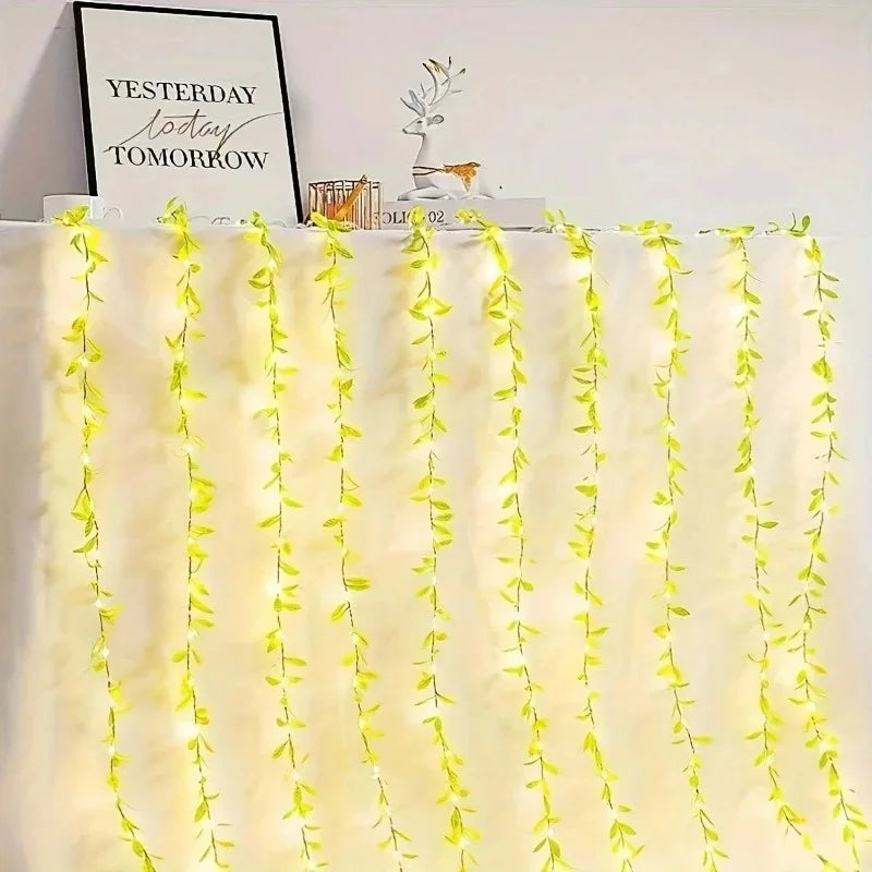 2M 20 LED Willow Leaf Curtain Lights Battery Box Decorative Vine String Lights for Bedroom Wedding Party Room Wall Decor Vue