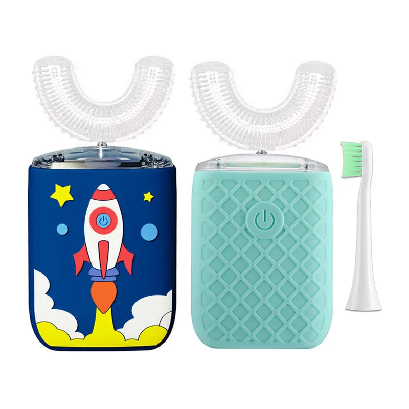Electric Toothbrush for Children Adults U Shaped 360 Degrees Smart Electric Toothbrush Rechargeable Cartoon for Kids Blue Light Vue