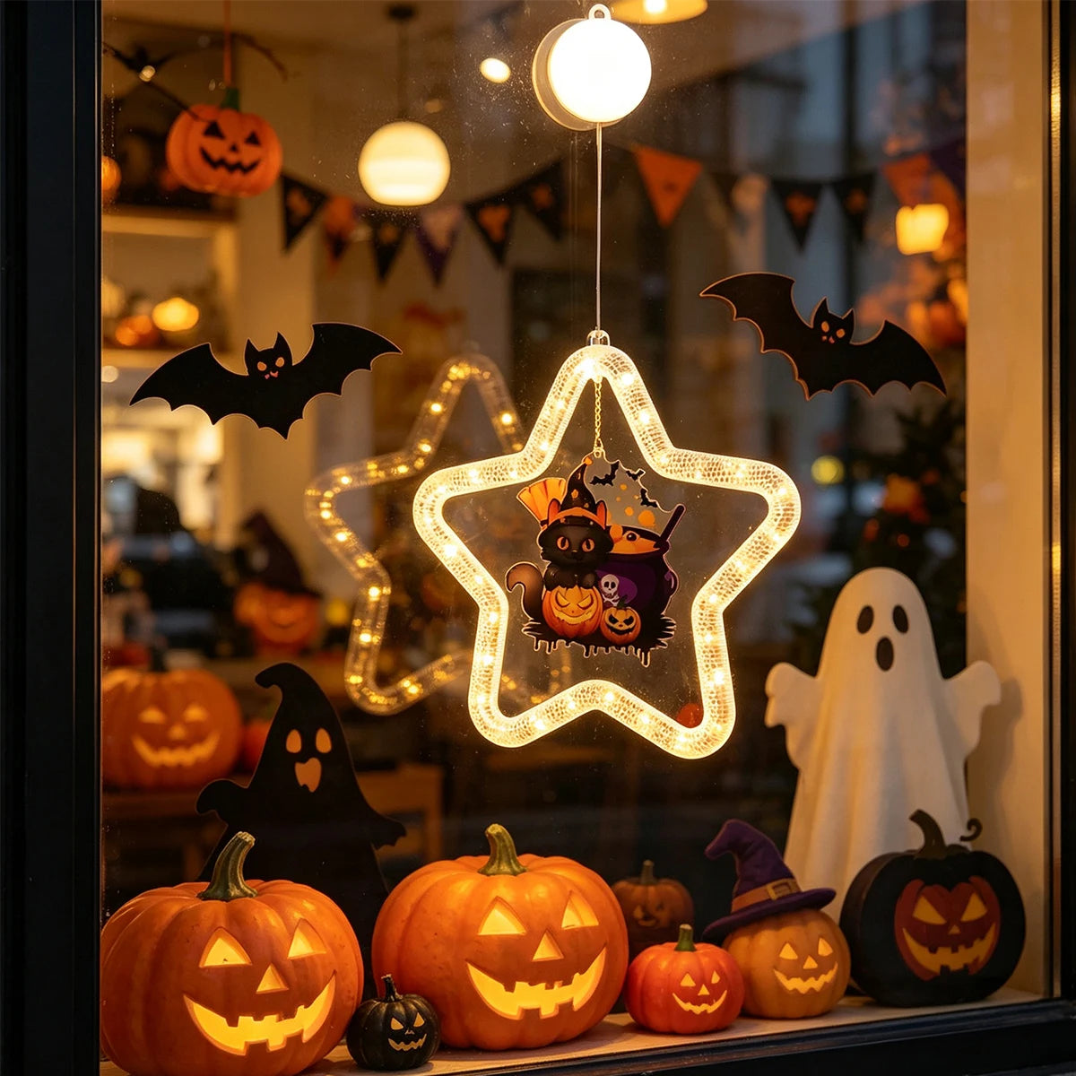 Warm White Star Shaped Halloween Window LED Light, Suction Cup Decor Lamp for Indoor Wall Home Halloween Party Decoration Vue