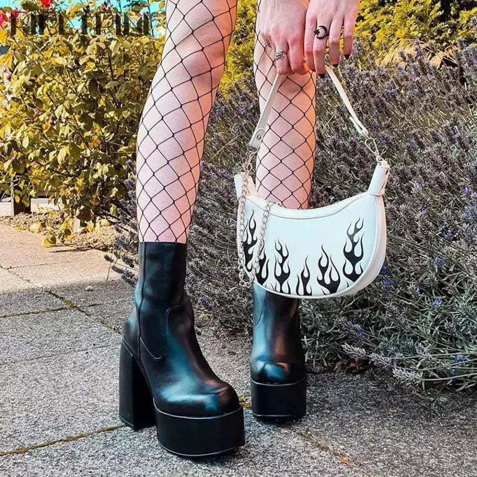 Women's Square Toe Block Heel Platform Boots | Black Platform Heel Boots Vue