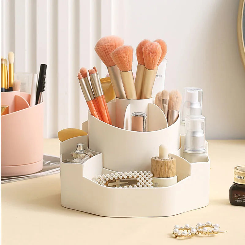 360 Degree Rotating Makeup Brushes Organizer with 13 Compartment Detachable 2 in 1 Spinning Makeup Brush Lip Gloss Organizer Box Vue